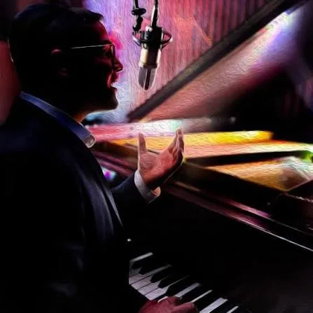 Yechiel Giniger singing at the piano under stage light